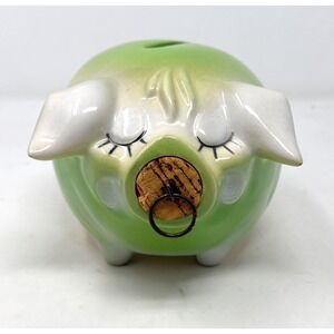 VTG MCM Hull Pottery Corky Pig Piggy Bank Green Cork and Ring 1957